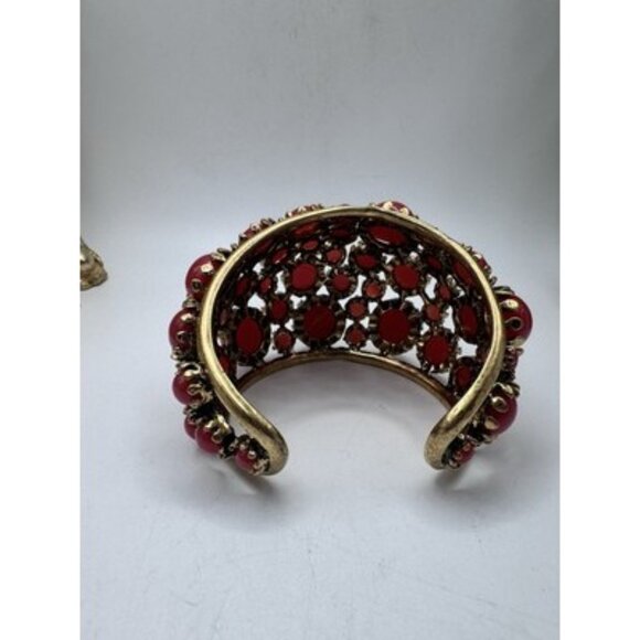 Zara Red Resin Accent Chunky Cuff Bracelet Gold Tone Open-Ended Design NWOT - Picture 9 of 10